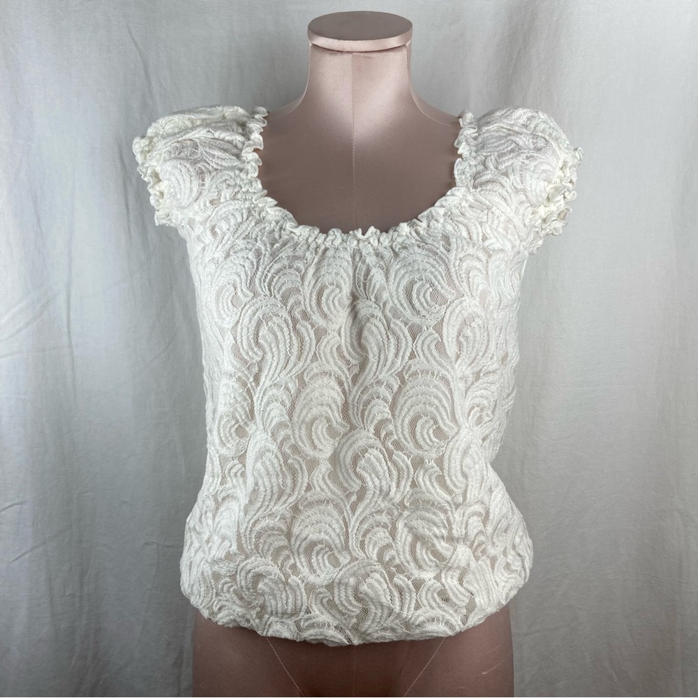Max Studio  Floral Lace Sheer Prairie Peasant Cap Short Sleeve White , size S